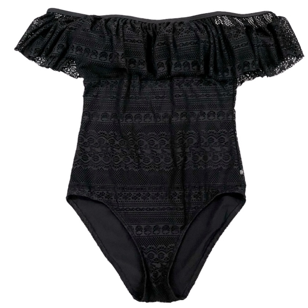 La Vie en Rose Aqua Black Crochet ruffle detail one piece swimsuit size Large